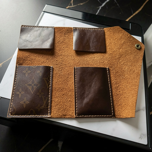 Trousse roll-up en cuir recyclé — Pinceaux, outils, stylos | Bicolore | Fait main | Pièce unique