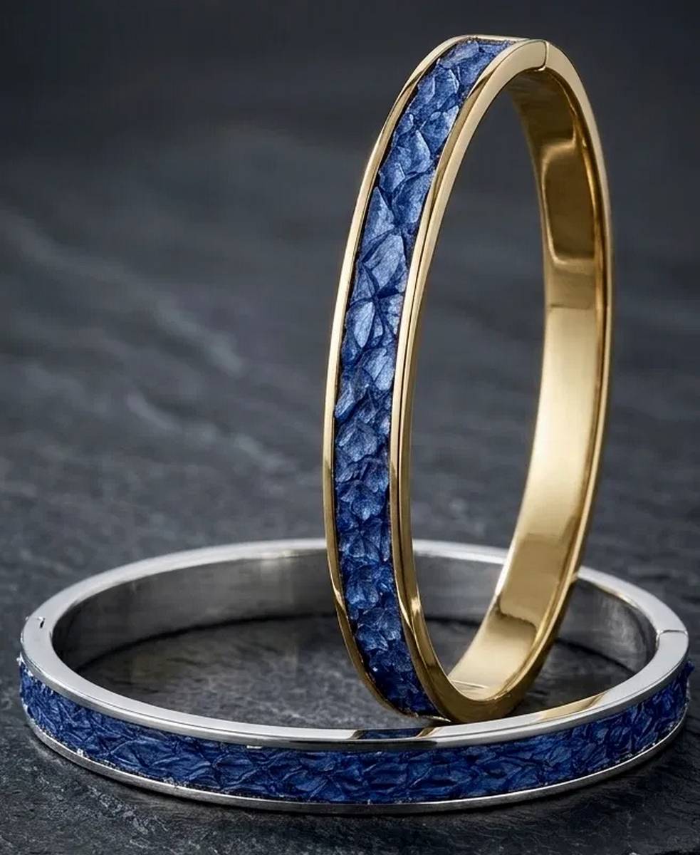 Bracelet jonc en cuir de saumon — Duo (acier doré + argenté)